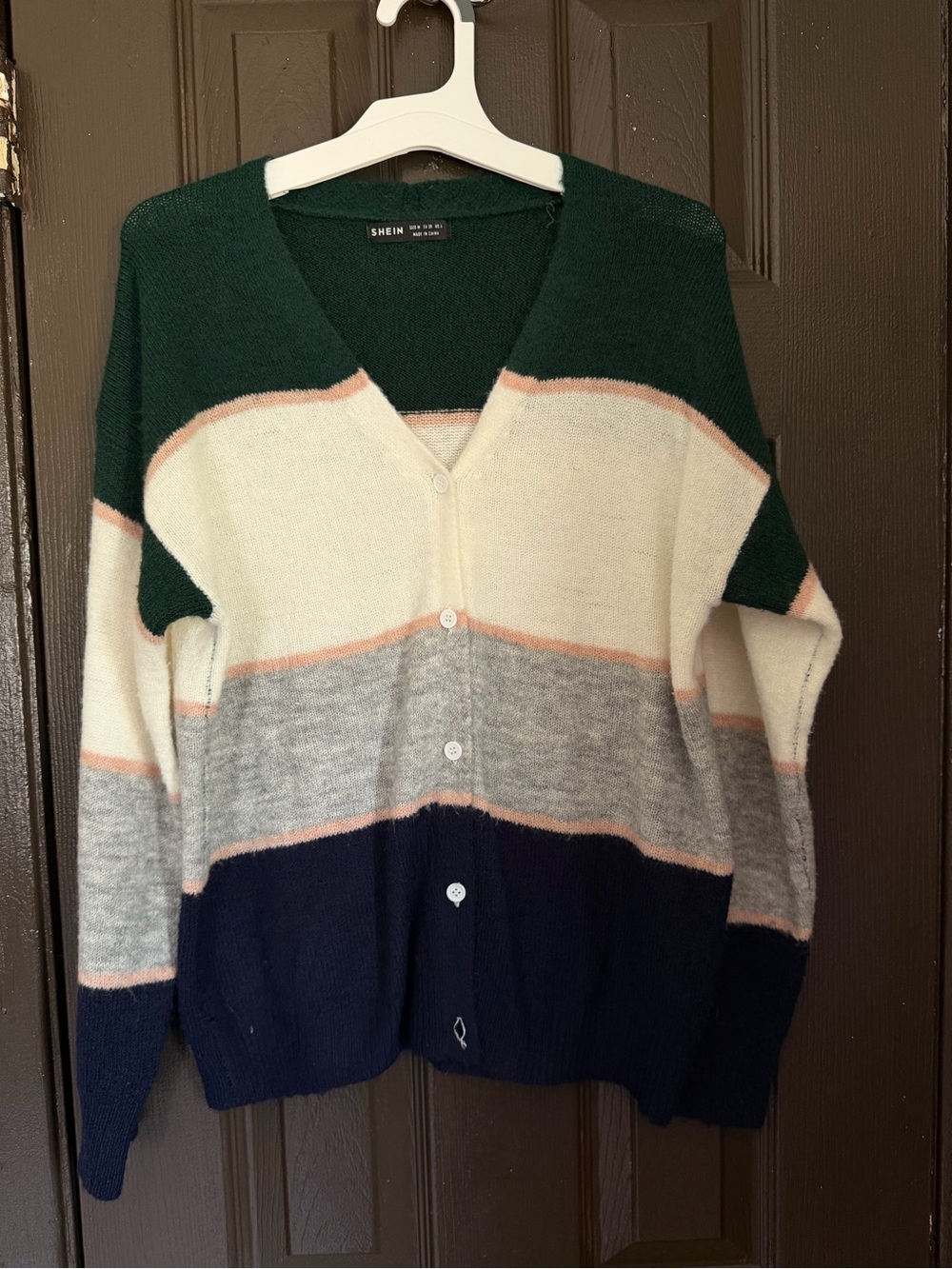 SHEIN Forest Green Cream Light Grey Navy Striped V-Neck Button Cardigan